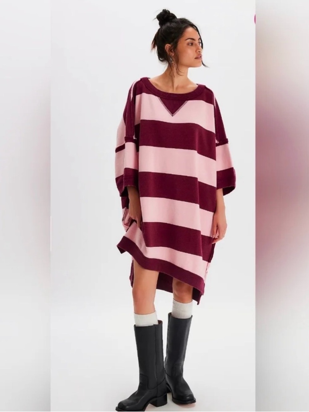 We The Free Out Here Striped Maxi Oversized Pink & Burgundy Sweatshirt Size XS-S